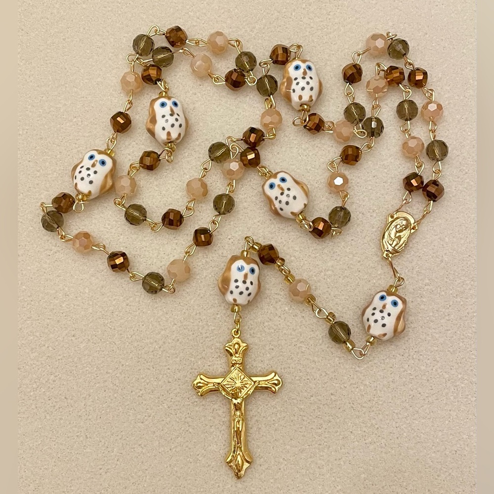 Gold and Brown Owl Bead Rosary handcrafted one of a kind